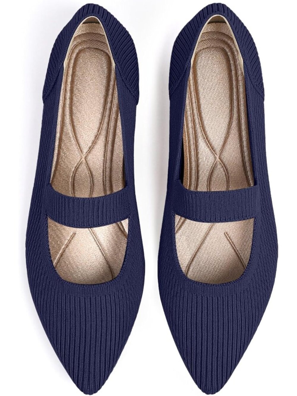 Women's Navy Knit Mary Jane Flats Pointed Toe Pull On Comfortable Flats Shoes